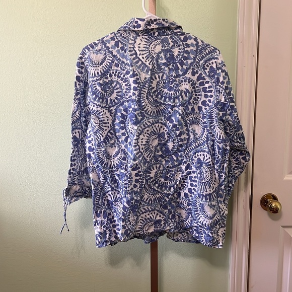 JM Collection Button Down top swirl print 3/4 sleeve Linen Blue White 14W - Picture 5 of 5